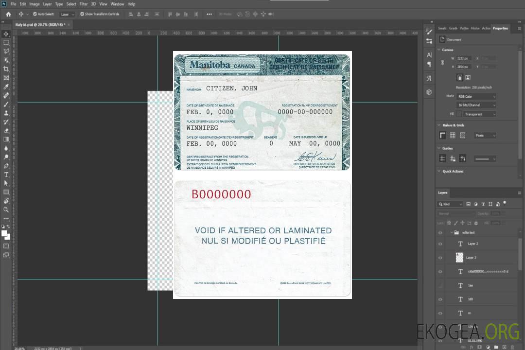 Modèle PSD de certificat de naissance Canada Manitoba ÉCRAN template